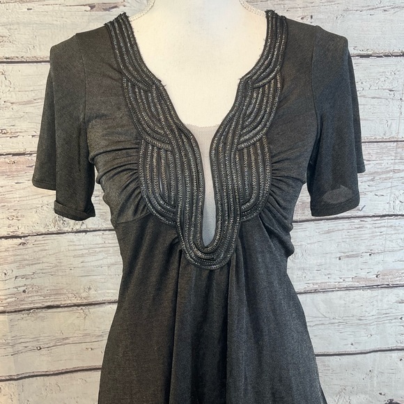 YOYO 5 Shimmery Black Drape Front Short Sleeve Blouse w Embellished Neckline-M - Picture 2 of 4